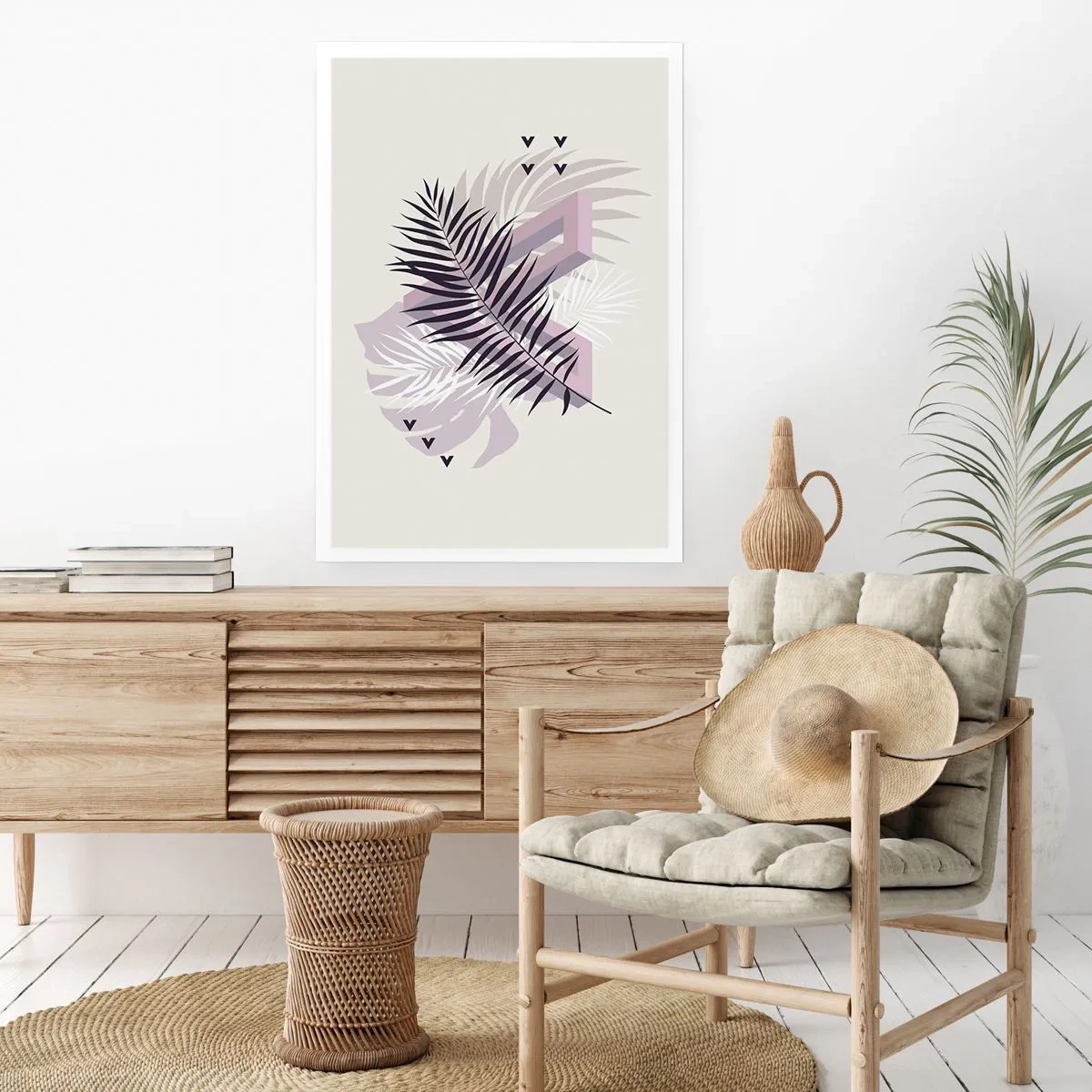 Póster - Composición abstracta con hojas y formas geométricas. - 50x70cm - La sombra de una sombra - Decoración de pared moderna para salón y dormitorio ARTTOR