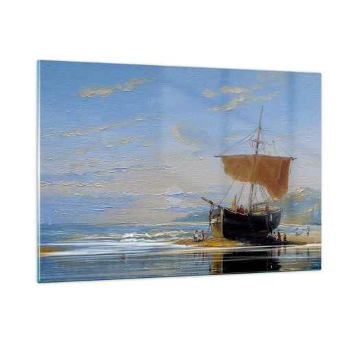 Cuadro sobre vidrio - Impresiones sobre Vidrio - Un barco con una vela en la orilla en estilo pictórico. - 120x80cm - Agua, tierra, aire - Decoración de pared moderna para salón y dormitorio ARTTOR