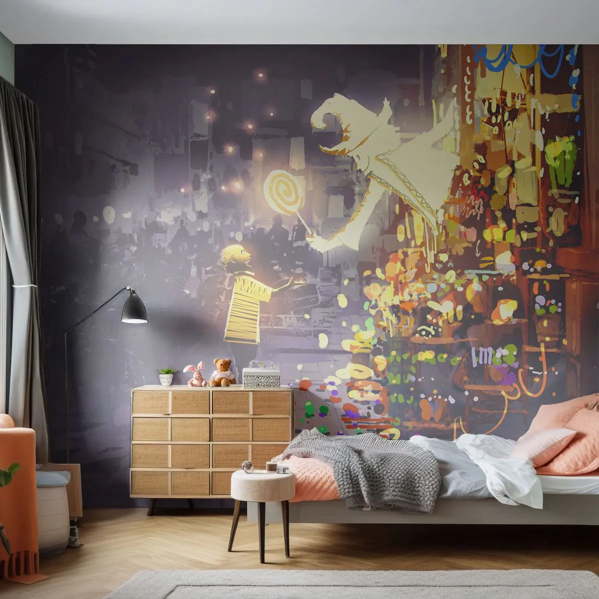 Fotomural Premium Sand - Una fantástica escena nocturna con un vendedor mágico y un niño. - 100x70cm - Los hechizos existen - Decoración de pared moderna para salón y dormitorio ARTTOR