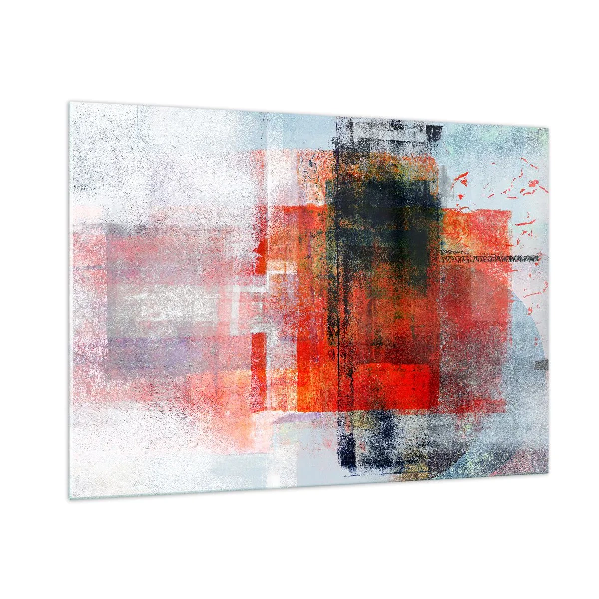 Cuadro sobre vidrio - Impresiones sobre Vidrio - Abstracción geométrica en tonos intensos de rojo y negro. - 100x70cm - Composición brillante - Decoración de pared moderna para salón y dormitorio ARTTOR