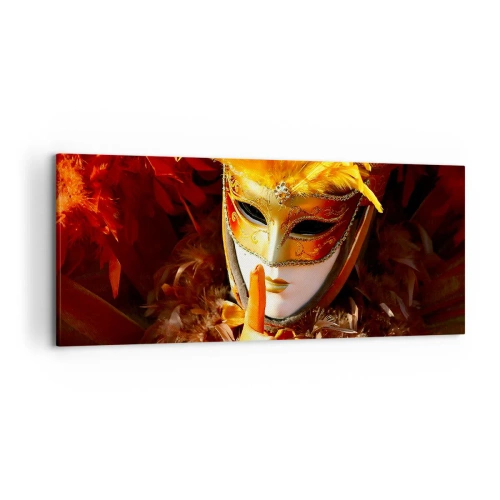 Cuadro sobre lienzo - Impresión de Imagen - Máscara de carnaval en tonos dorados y naranjas. - 120x50cm - El misterio es parte del juego - Decoración de pared moderna para salón y dormitorio ARTTOR