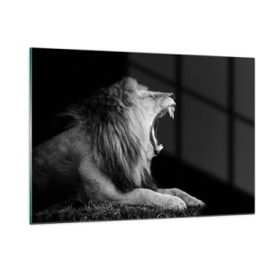 Cuadro sobre vidrio - Impresiones sobre Vidrio - Retrato en blanco y negro de un león rugiendo contra una sombra. - 120x80cm - Sin duda alguna - Decoración de pared moderna para salón y dormitorio ARTTOR