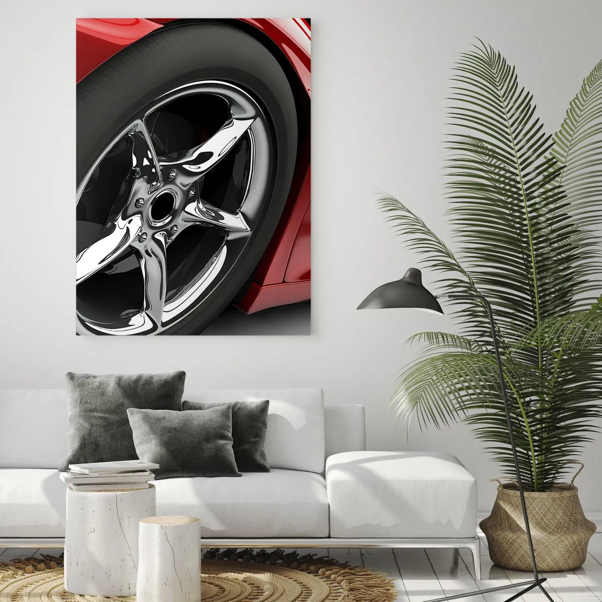Cuadro sobre vidrio - Impresiones sobre Vidrio - Coche deportivo rojo con ruedas cromadas - 80x120cm - Creado para la velocidad - Decoración de pared moderna para salón y dormitorio ARTTOR