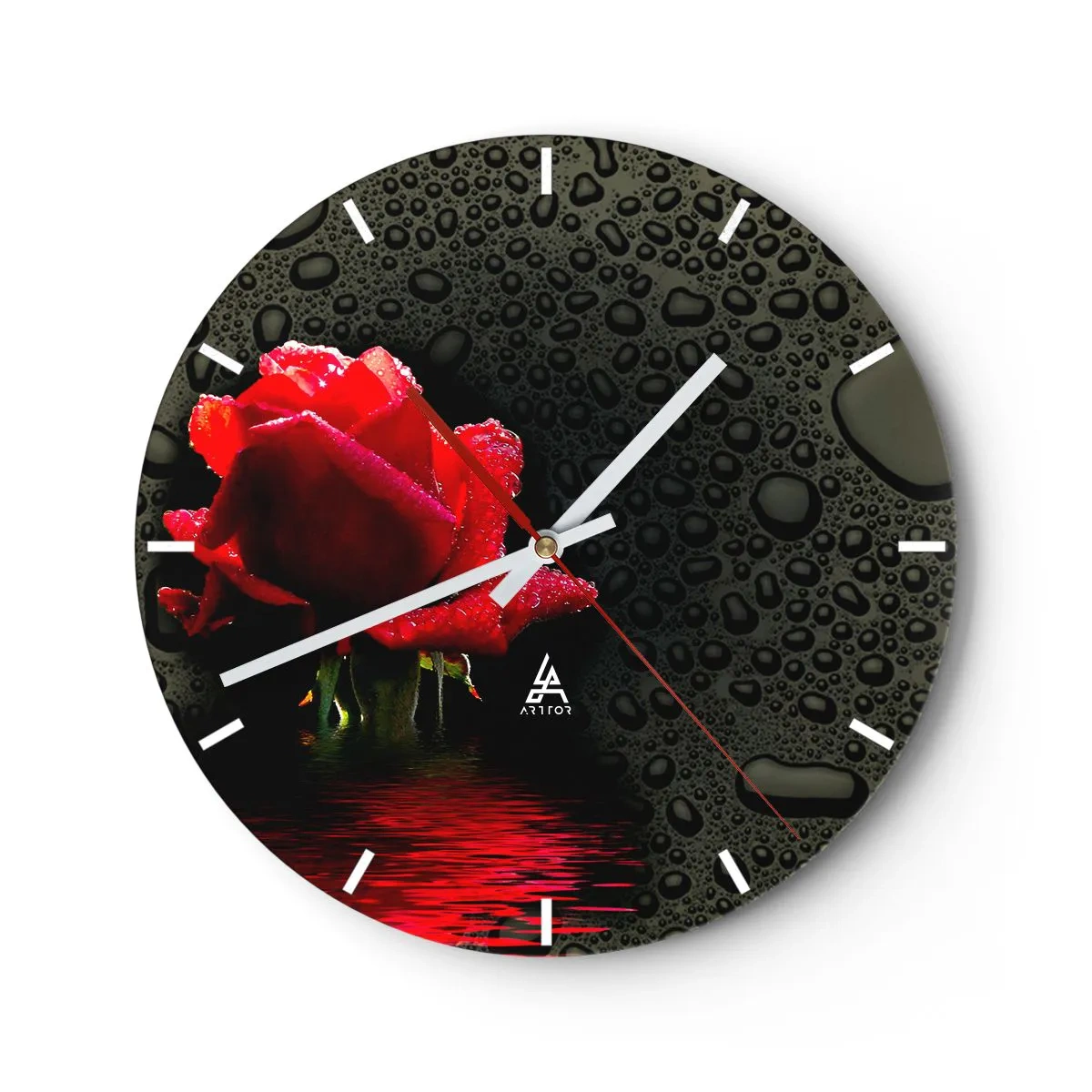 Reloj de pared - Reloj de vidrio - Rosa roja con gotas de agua sobre fondo negro - 30x30cm - Rojo y negro - Decoración de pared moderna para salón, cocina y dormitorio ARTTOR