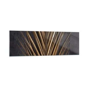 Cuadro sobre vidrio - Impresiones sobre Vidrio - Hoja tropical dorada sobre fondo negro - 160x50cm - El oro de los trópicos - Decoración de pared moderna para salón y dormitorio ARTTOR
