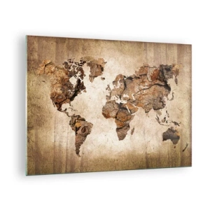 Cuadro sobre vidrio - Impresiones sobre Vidrio - Un mapa del mundo en tonos marrones imitando la madera. - 70x50cm - El descubrimiento del mundo - Decoración de pared moderna para salón y dormitorio ARTTOR