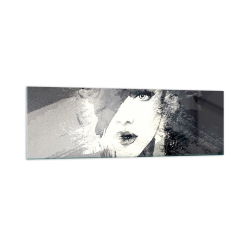 Cuadro sobre vidrio - Impresiones sobre Vidrio - Un retrato abstracto de una mujer en tonos grises con acentos delicados. - 160x50cm - Tras un velo gris - Decoración de pared moderna para salón y dormitorio ARTTOR