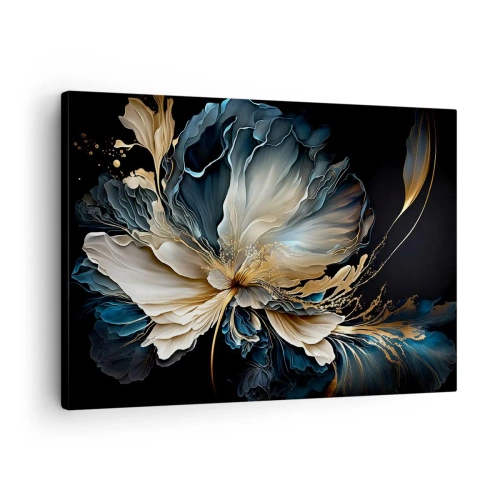 Cuadro sobre lienzo - Impresión de Imagen - Una flor en tonos dorados y azul marino sobre un fondo negro. - 70x50cm - Flor de helecho de cuento - Decoración de pared moderna para salón y dormitorio ARTTOR