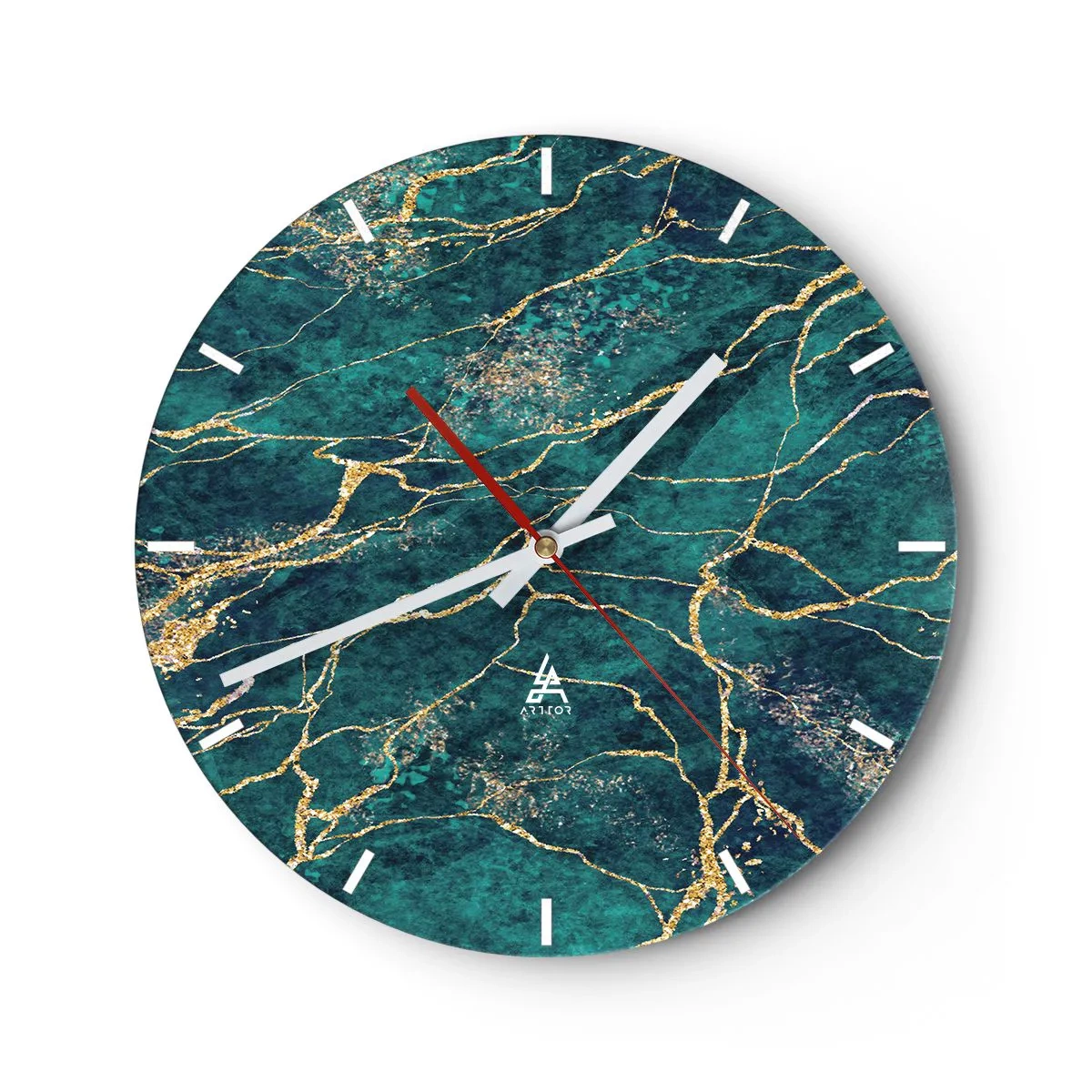 Reloj de pared - Reloj de vidrio - Un patrón verde y dorado que se asemeja a un mineral con vetas doradas. - 30x30cm - Riachuelos de oro - Decoración de pared moderna para salón, cocina y dormitorio ARTTOR