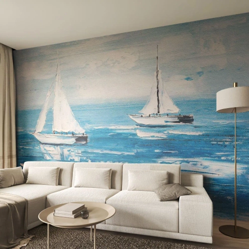 Fotomural Premium Sand - Dos veleros en un mar azul tranquilo - 100x70cm - Con un amigo a tu lado - Decoración de pared moderna para salón y dormitorio ARTTOR