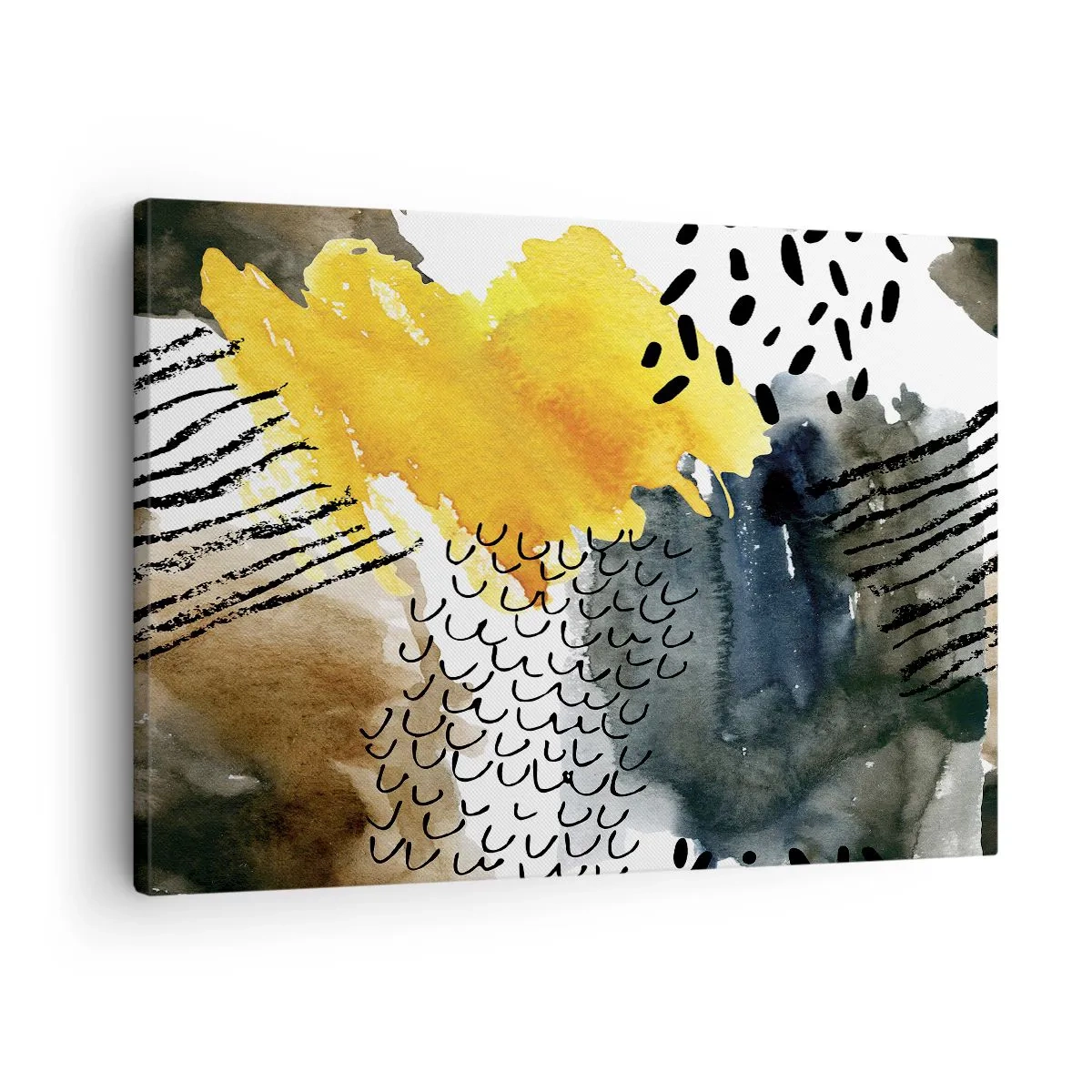 Cuadro sobre lienzo - Impresión de Imagen - Una composición abstracta con acentos amarillos y patrones gráficos. - 70x50cm - Reunión de los elementos - Decoración de pared moderna para salón y dormitorio ARTTOR