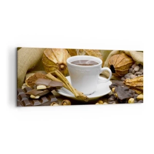 Cuadro sobre lienzo - Impresión de Imagen - Una taza de chocolate caliente rodeada de cacao y canela. - 120x50cm - Para los que buscan emociones - Decoración de pared moderna para salón y dormitorio ARTTOR