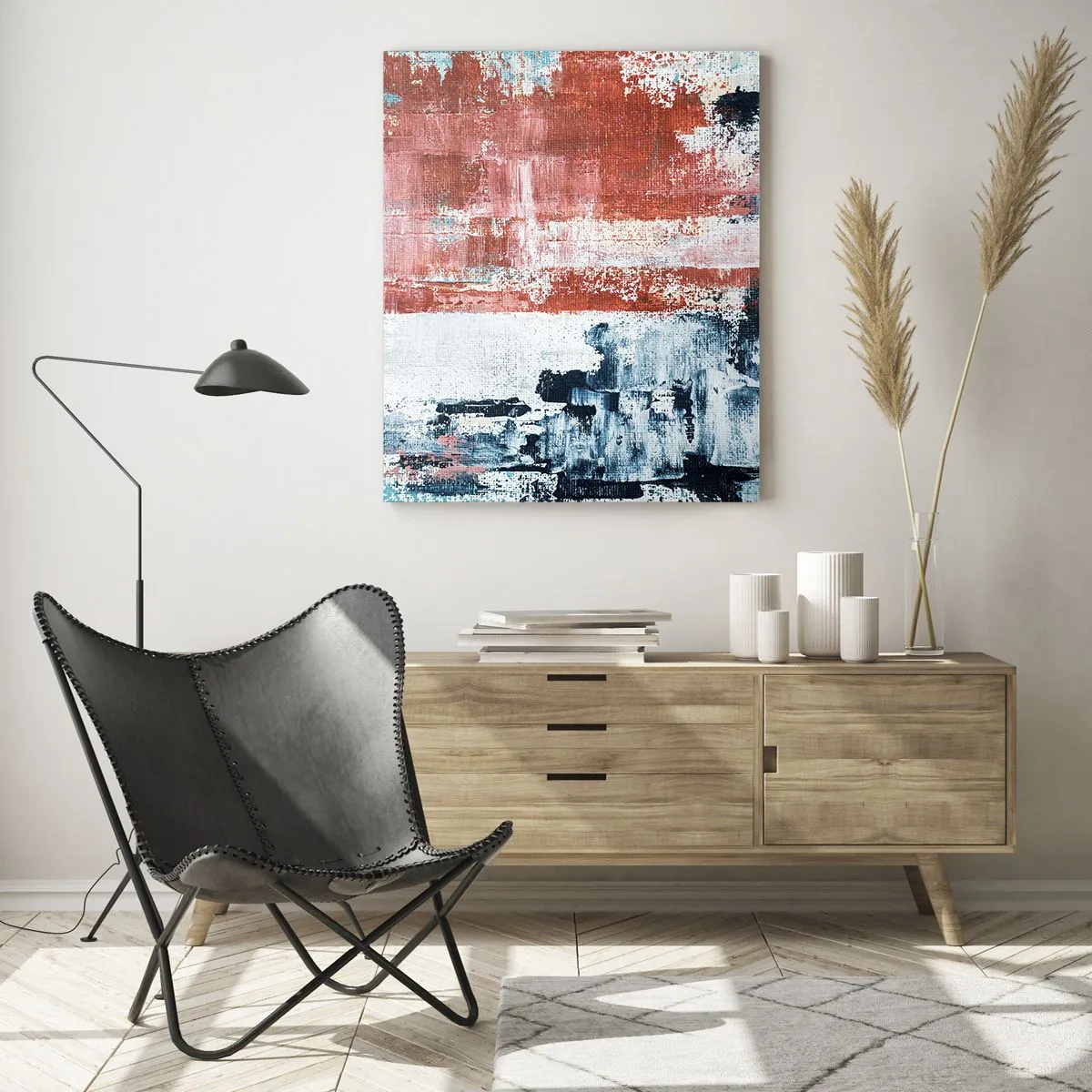 Cuadro sobre vidrio - Impresiones sobre Vidrio - Abstracción en colores blanco, azul y ladrillo. - 80x120cm - Mitad abstracción, mitad abstracción - Decoración de pared moderna para salón y dormitorio ARTTOR