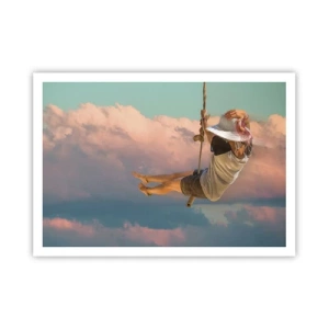 Póster - Mujer en un columpio entre nubes rosas - 100x70cm - Jugando en las nubes - Decoración de pared moderna para salón y dormitorio ARTTOR