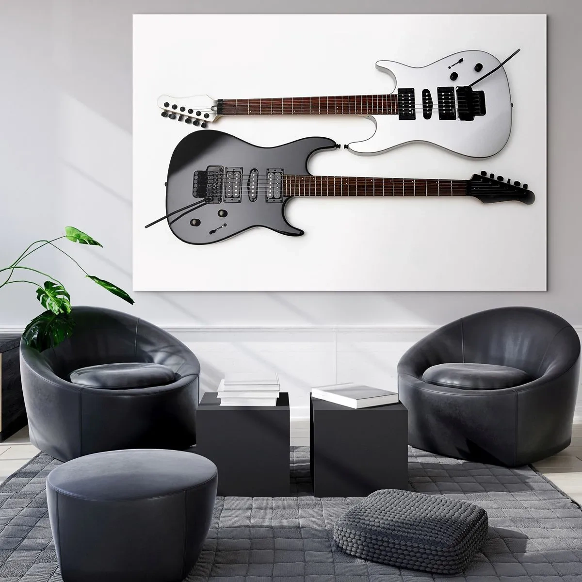 Cuadro sobre vidrio - Impresiones sobre Vidrio - Guitarras eléctricas en blanco y negro sobre un fondo blanco. - 120x80cm - Armonía de formas - Decoración de pared moderna para salón y dormitorio ARTTOR