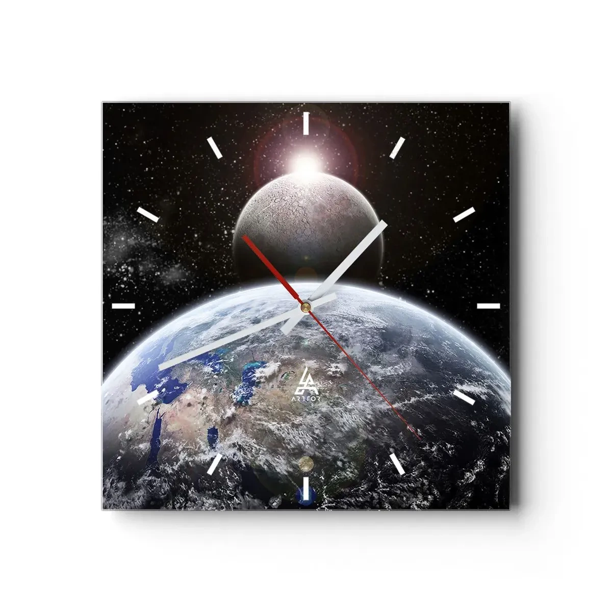 Reloj de pared - Reloj de vidrio - El planeta Tierra y la Luna con el espacio exterior estrellado como telón de fondo. - 30x30cm - Paisaje cósmico - amanecer - Decoración de pared moderna para salón y dormitorio ARTTOR