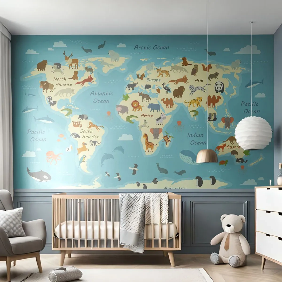 Fotomural Standard Eco - Buenos vecinos - Mapa del mundo, Mapa con animales, animales - 450x315 cm