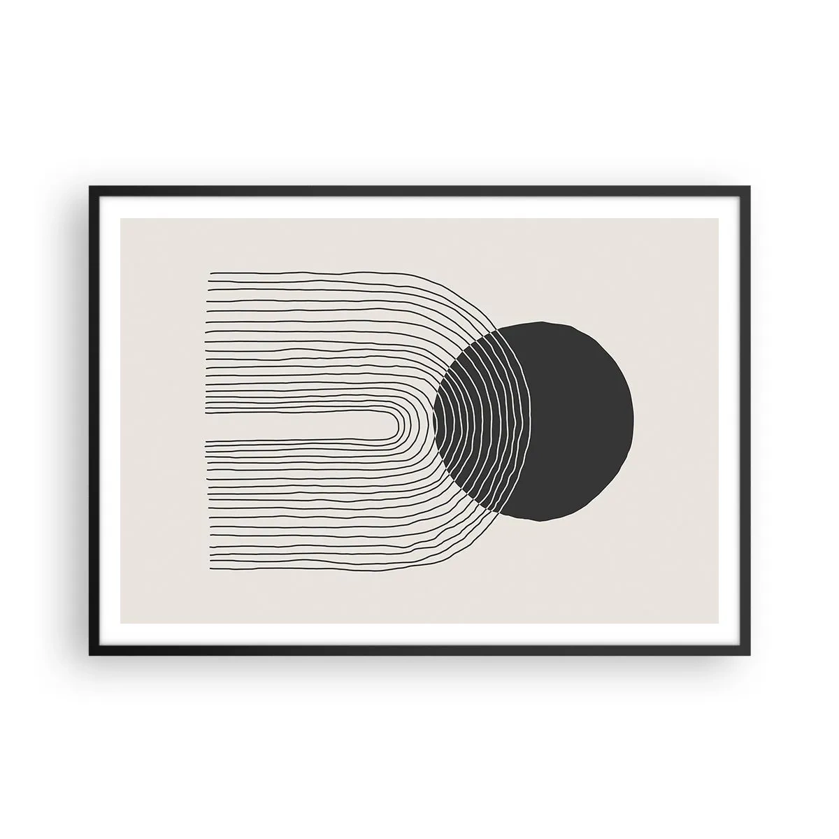 Póster en marco negro - Patrón abstracto con líneas y un círculo negro sobre un fondo claro - 100x70cm - Temblor y certeza - Decoración de pared moderna para salón y dormitorio ARTTOR