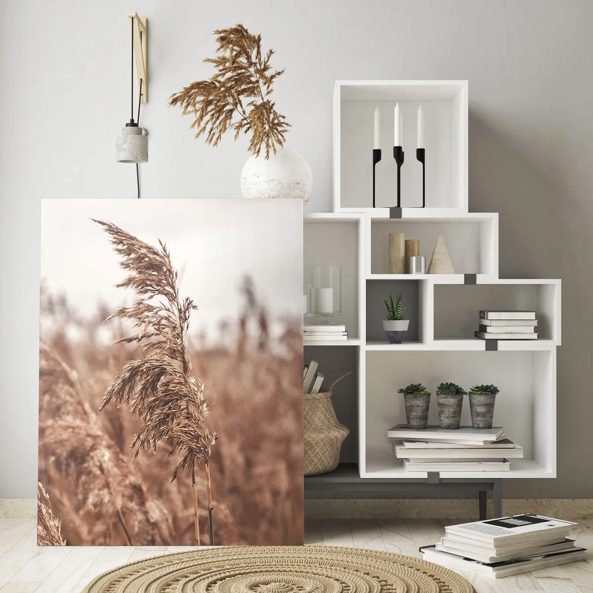 Cuadro sobre vidrio - Impresiones sobre Vidrio - Hierbas secas al viento bajo la luz otoñal de la naturaleza. - 50x70cm - El otoño ya está en los campos - Decoración de pared moderna para salón y dormitorio ARTTOR