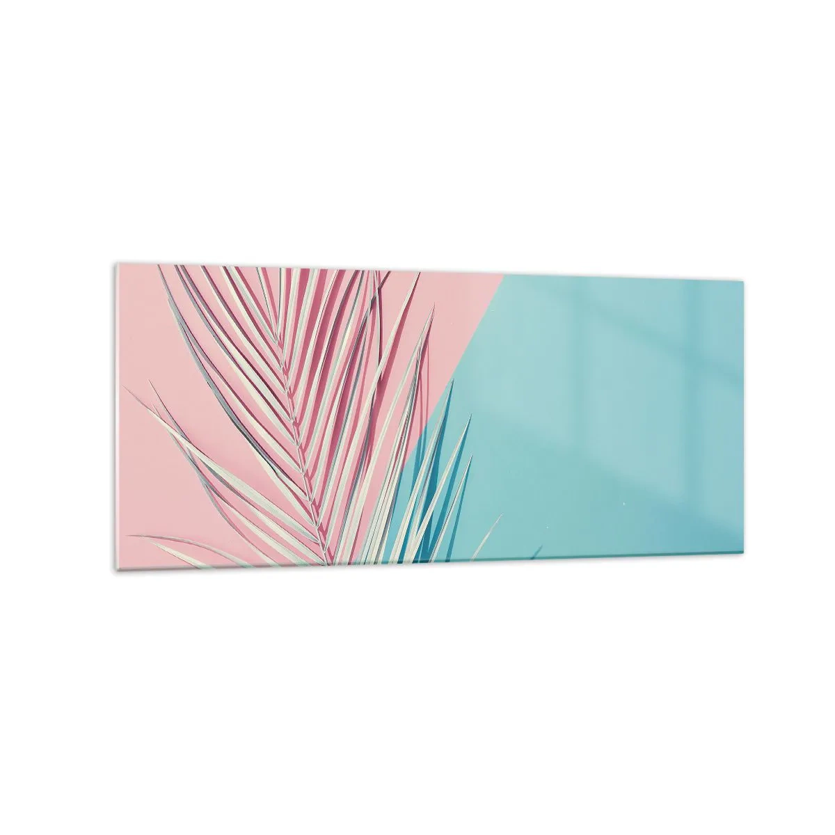 Cuadro sobre vidrio - Impresiones sobre Vidrio - Hoja tropical sobre un fondo de tonos pastel de rosa y azul. - 120x50cm - Impresión tropical - Decoración de pared moderna para salón y dormitorio ARTTOR