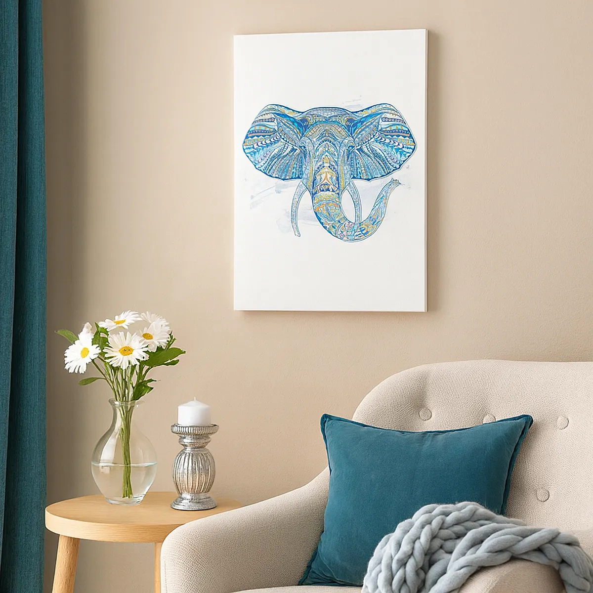 Cuadro sobre lienzo - Impresión de Imagen - Elefante geométrico en tonos azules y dorados. - 50x70cm - Con incrustaciones de oro y azul - Decoración de pared moderna para salón y dormitorio ARTTOR