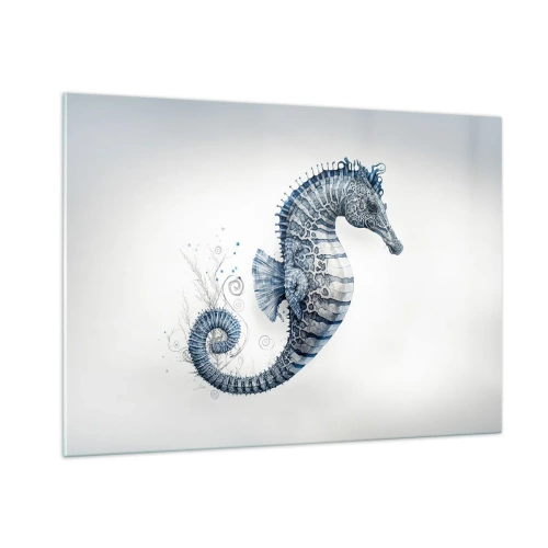 Cuadro sobre vidrio - Impresiones sobre Vidrio - Caballito de mar azul sobre un fondo claro en un estilo de dibujo - 100x70cm - Una sutil broma de la naturaleza - Decoración de pared moderna para salón y dormitorio ARTTOR