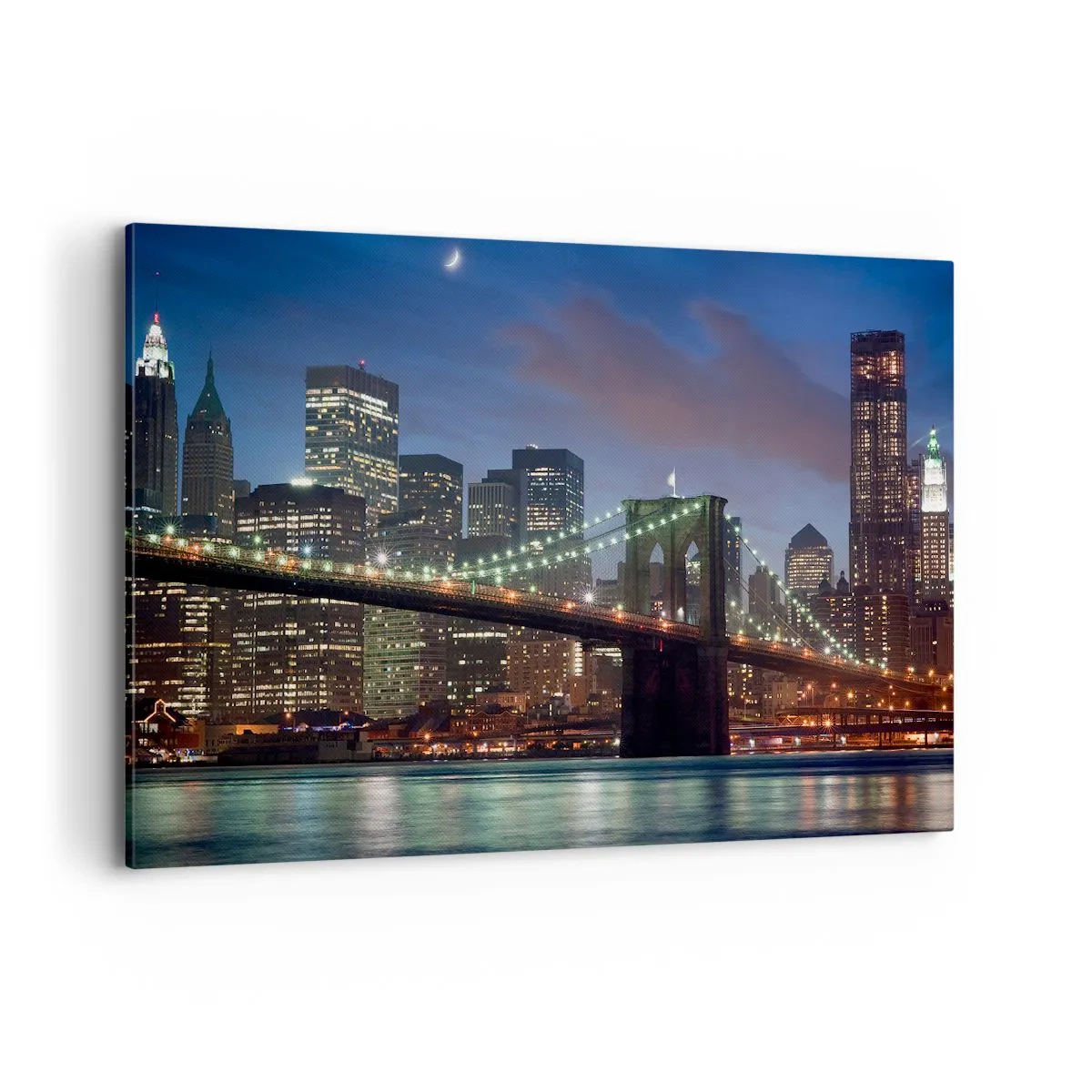 Cuadro sobre lienzo - Impresión de Imagen - Puente de la ciudad de Nueva York de noche con edificios iluminados - 120x80cm - Una noche iluminada - Decoración de pared moderna para salón y dormitorio ARTTOR
