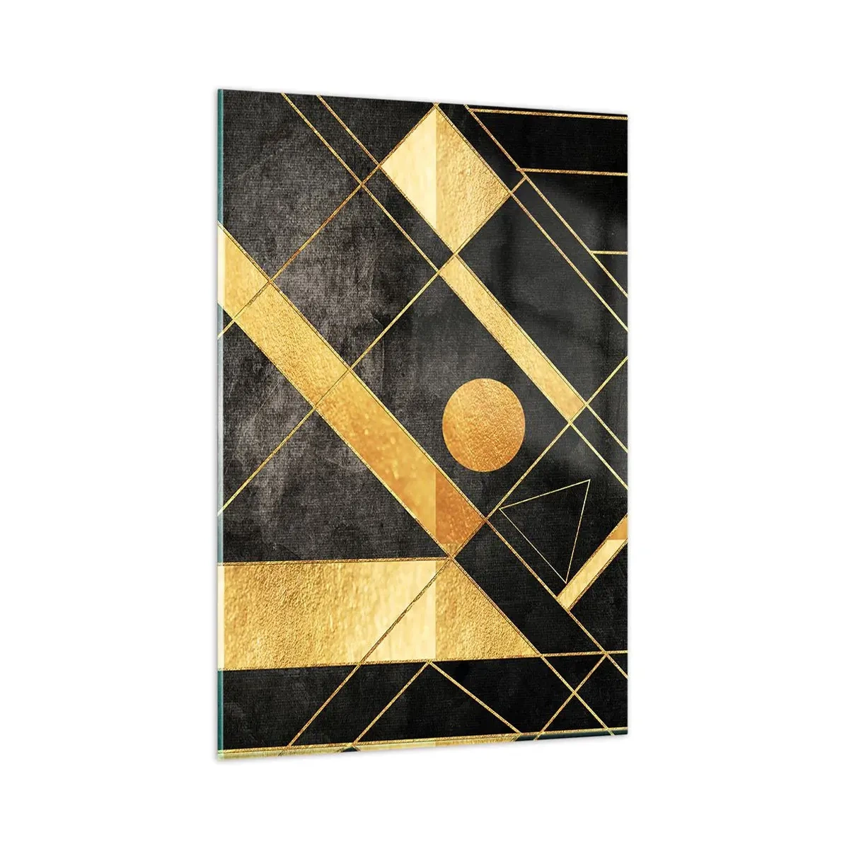 Cuadro sobre vidrio - Impresiones sobre Vidrio - Formas geométricas en tonos dorados y negros. - 80x120cm - Sol del desierto - Decoración de pared moderna para salón y dormitorio ARTTOR