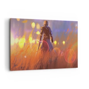 Cuadro sobre lienzo - Impresión de Imagen - La figura de un caballero a la luz del sol poniente en un campo. - 120x80cm - El caballero equivocado - Decoración de pared moderna para salón y dormitorio ARTTOR