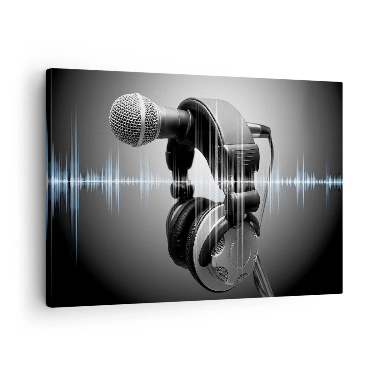 Cuadro sobre lienzo - Impresión de Imagen - Micrófono y auriculares con visualización de ondas sonoras de fondo. - 70x50cm - Todavía se puede escuchar el canto - Decoración de pared moderna para salón y dormitorio ARTTOR