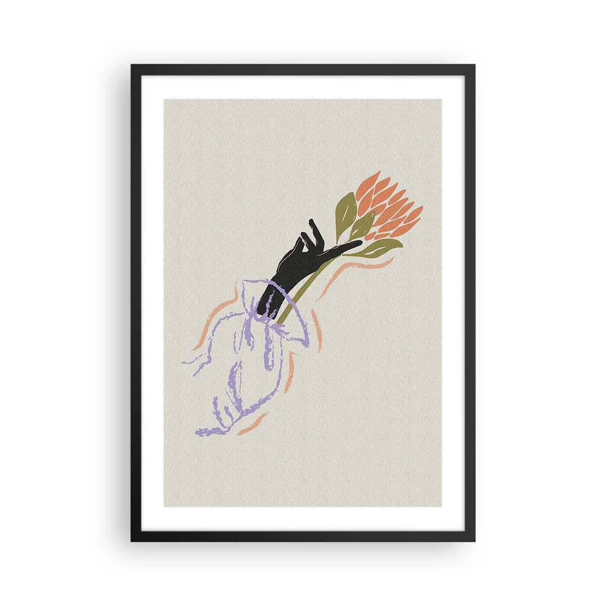 Póster en marco negro - Dibujo abstracto de una mano sosteniendo un ramo de flores. - 50x70cm - Un toque fraternal - Decoración de pared moderna para salón y dormitorio ARTTOR