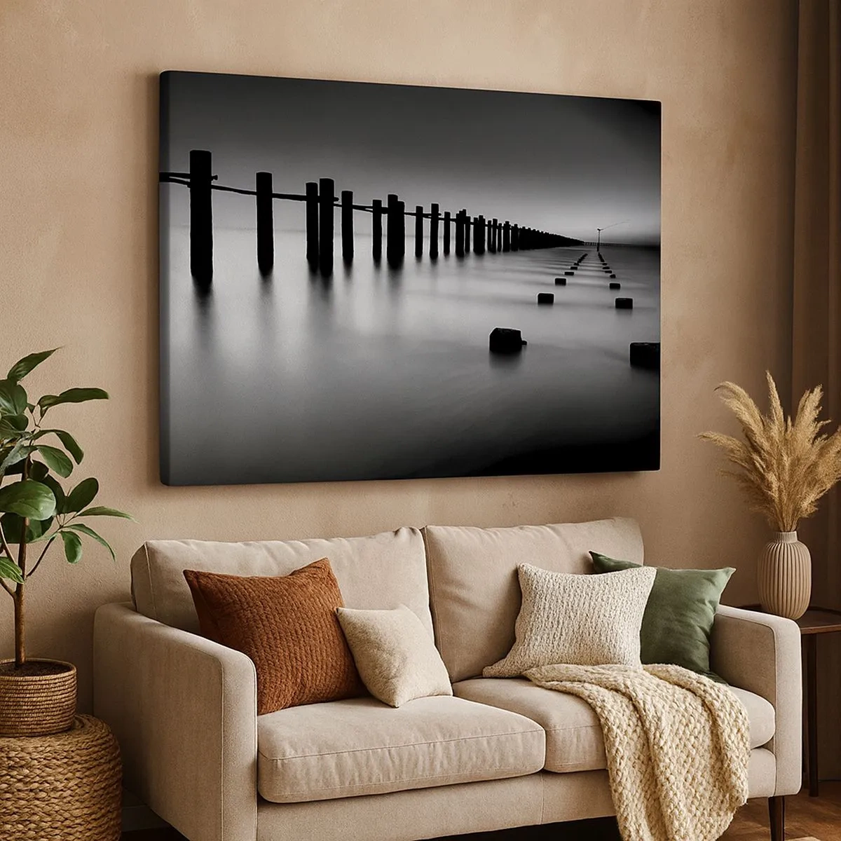Cuadro sobre lienzo - Impresión de Imagen - Postes de madera y bloques de hormigón sumergidos en agua en tonos blanco y negro - 70x50cm - Valles grises en la niebla - Decoración de pared moderna para salón y dormitorio ARTTOR