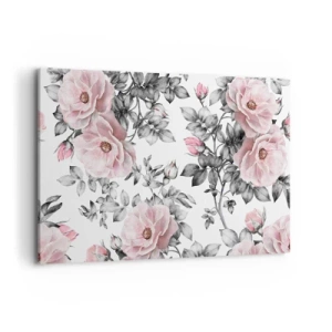 Cuadro sobre lienzo - Impresión de Imagen - Rosas rosas y hojas sobre un delicado fondo blanco y negro. - 120x80cm - Entre las rosas - Decoración de pared moderna para salón y dormitorio ARTTOR