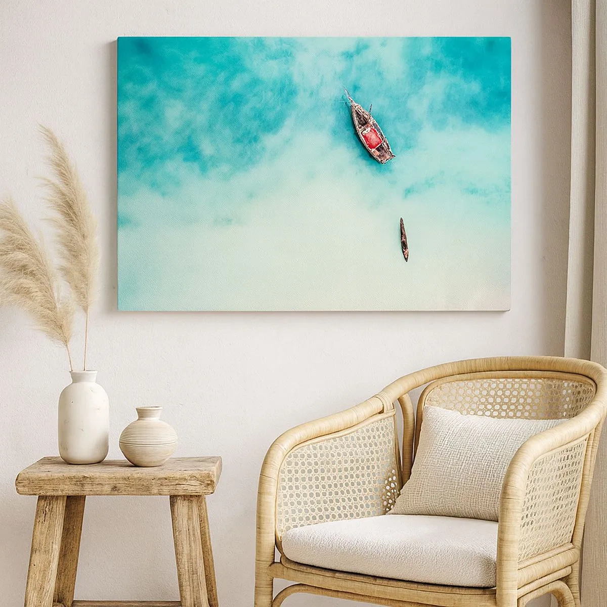 Cuadro sobre lienzo - Impresión de Imagen - Barcos en aguas turquesas vistos a vista de pájaro - 70x50cm - Porque en las playas de Zanzíbar, cuando las aguas se desbordan... - Decoración de pared moderna para salón y dormitorio ARTTOR