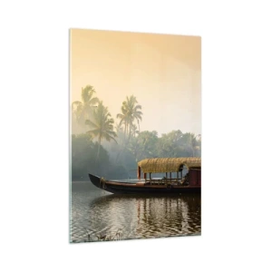 Cuadro sobre vidrio - Impresiones sobre Vidrio - Un barco tradicional en un río tranquilo entre palmeras. - 80x120cm - Casa en el río - Decoración de pared moderna para salón y dormitorio ARTTOR