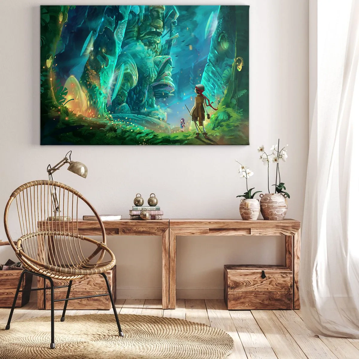 Cuadro sobre lienzo - Impresión de Imagen - Bosque mágico con personaje explorador. - 120x80cm - Del gran libro de los cuentos de hadas - Decoración de pared moderna para salón y dormitorio ARTTOR