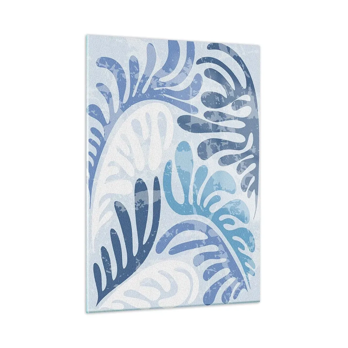 Cuadro sobre vidrio - Impresiones sobre Vidrio - Hojas de helecho decorativas en tonos azules sobre un fondo claro. - 50x70cm - Helechos azules - Decoración de pared moderna para salón y dormitorio ARTTOR