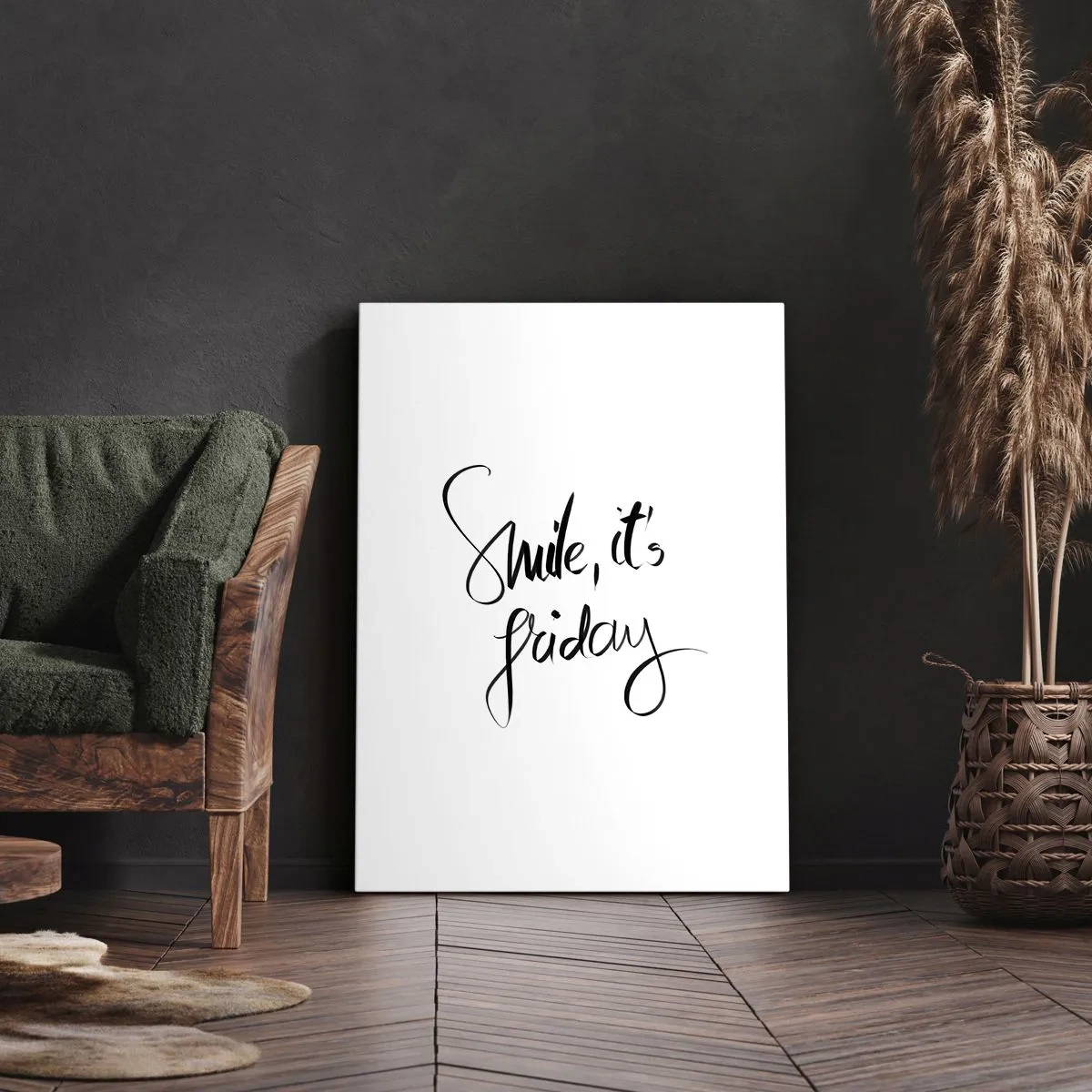 Cuadro sobre lienzo - Impresión de Imagen - Letras en blanco y negro Sonríe, es viernes - 50x70cm - La verdadera alegría - Decoración de pared moderna para salón y dormitorio ARTTOR