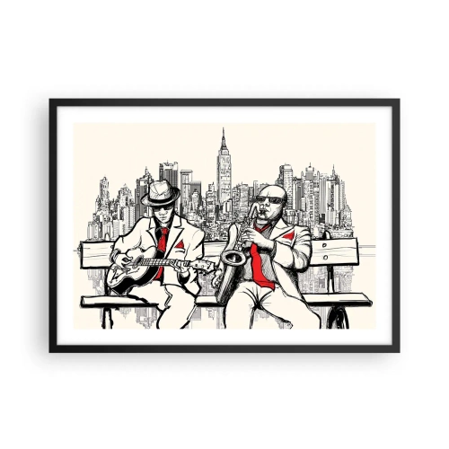 Póster en marco negro - Un dúo de jazz con saxofón y guitarra con la ciudad como telón de fondo. - 70x50cm - Improvisación en Nueva York - Decoración de pared moderna para salón y dormitorio ARTTOR