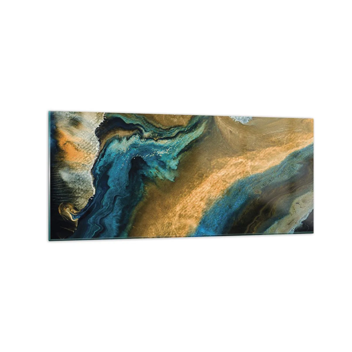 Cuadro sobre vidrio - Impresiones sobre Vidrio - Ondas abstractas en tonos dorados y azules. - 120x50cm - Azul - amarillo - influencia mutua - Decoración de pared moderna para salón y dormitorio ARTTOR