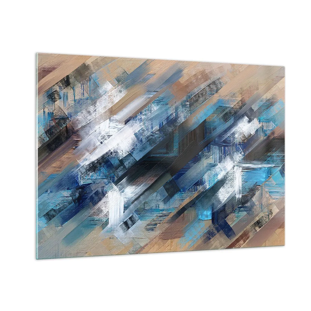 Cuadro sobre vidrio - Impresiones sobre Vidrio - Rayas diagonales abstractas en tonos azul, blanco y beige. - 100x70cm - En una inclinación azul - Decoración de pared moderna para salón y dormitorio ARTTOR