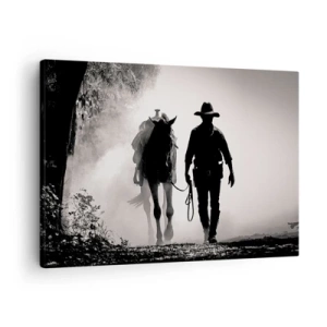 Cuadro sobre lienzo - Impresión de Imagen - Vaquero con caballo en la niebla de la mañana - 70x50cm - La mañana de Texas - Decoración de pared moderna para salón y dormitorio ARTTOR