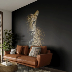 Fotomural Premium Sand - Un leopardo emergiendo de la oscuridad sobre un fondo negro. - 100x70cm - Belleza oscura - Decoración de pared moderna para salón y dormitorio ARTTOR