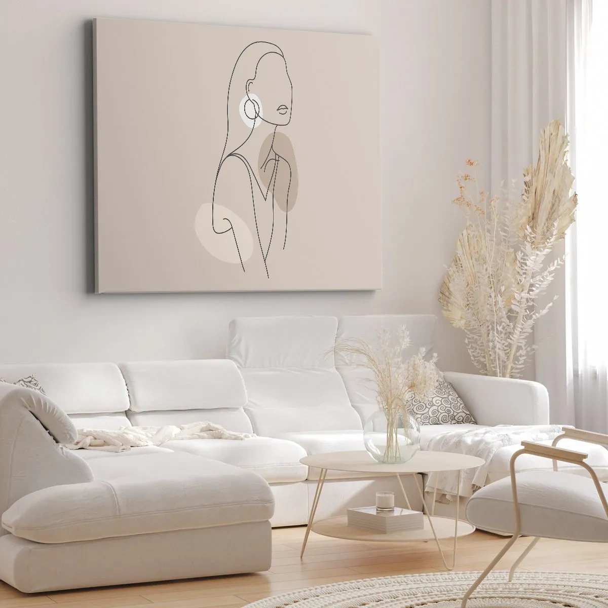 Cuadro sobre lienzo - Impresión de Imagen - Ilustración minimalista de una mujer con contornos sobre un fondo beige. - 100x70cm - Un icono de la inocencia - Decoración de pared moderna para salón y dormitorio ARTTOR