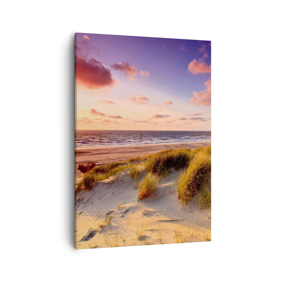 Cuadro sobre lienzo - Impresión de Imagen - Una playa cubierta de hierba y una puesta de sol sobre un mar en calma. - 50x70cm - Se siente la brisa veraniega - Decoración de pared moderna para salón y dormitorio ARTTOR