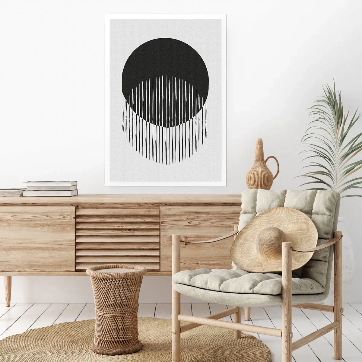 Póster - Composición abstracta de un círculo negro y líneas verticales. - 50x70cm - Su alter ego - Decoración de pared moderna para salón y dormitorio ARTTOR