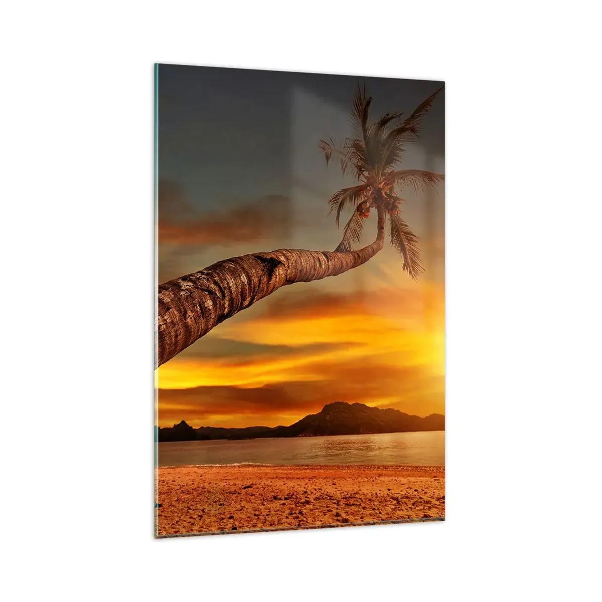 Cuadro sobre vidrio - Impresiones sobre Vidrio - Palmera en la playa al atardecer con vistas al mar - 80x120cm - Vacaciones exóticas, aventura en el Caribe - Decoración de pared moderna para salón y dormitorio ARTTOR