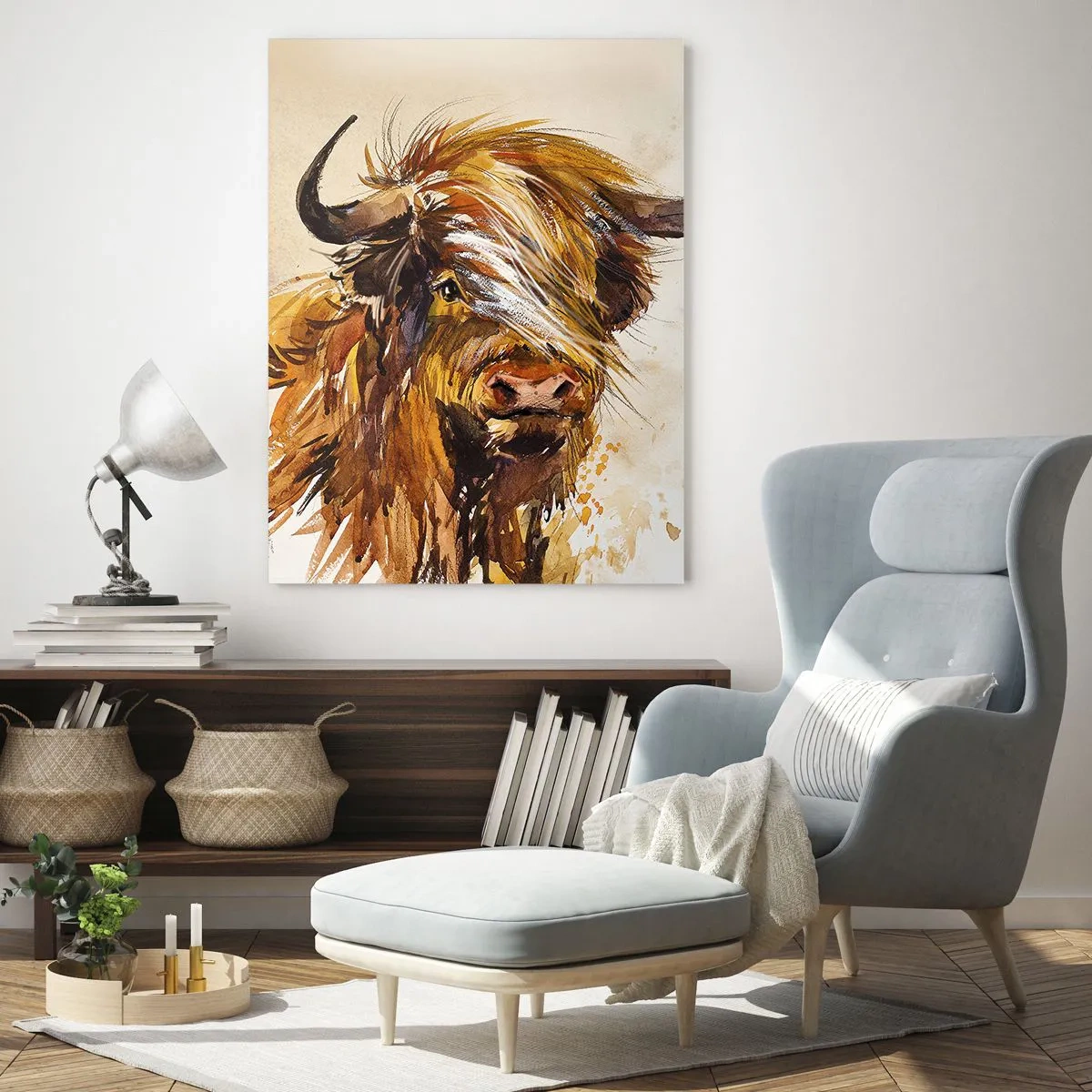 Cuadro sobre vidrio - Impresiones sobre Vidrio - Ilustración en acuarela de un toro escocés de pelo largo - 50x70cm - El orgullo del líder - Decoración de pared moderna para salón y dormitorio ARTTOR