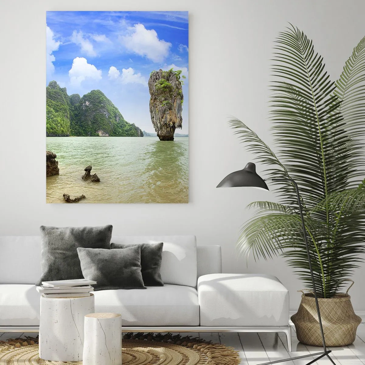 Cuadro sobre vidrio - Impresiones sobre Vidrio - Una formación rocosa exótica rodeada de agua y vegetación bajo un cielo azul. - 80x120cm - Las maravillas rocosas de la naturaleza - Decoración de pared moderna para salón y dormitorio ARTTOR