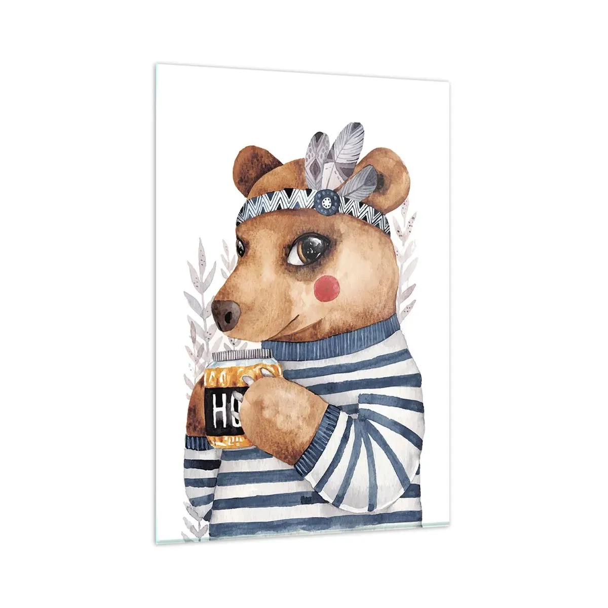 Cuadro sobre vidrio - Impresiones sobre Vidrio - Un osito de peluche con un suéter de rayas y una taza de miel. - 80x120cm - Dulce oso - Decoración de pared moderna para salón y dormitorio ARTTOR